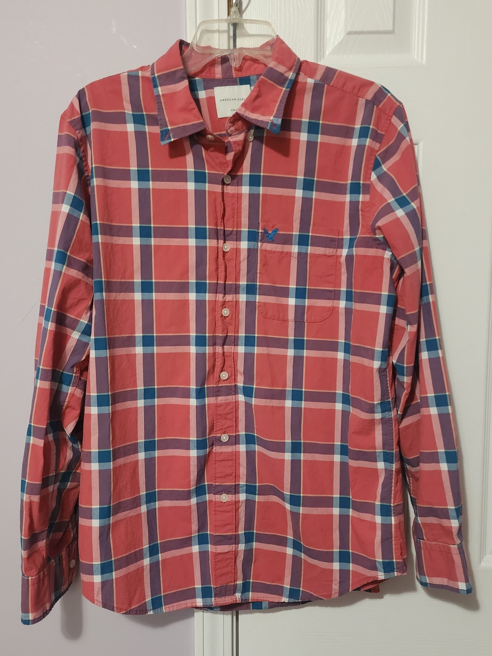 American Eagle Outfitters Red and Blue Plaid Button-Down Shirt